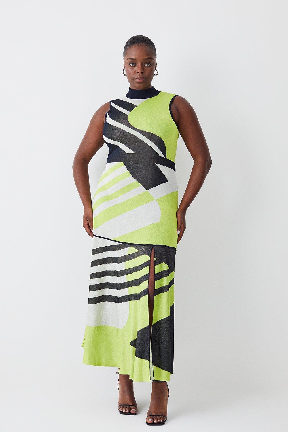 Plus Size Slinky Knit Jacquard Abstract Maxi Dress - Green