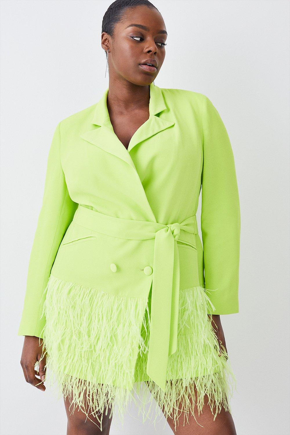 Plus Size Viscose Satin Crepe Feather Hem Double Breasted Tux Dress - Green
