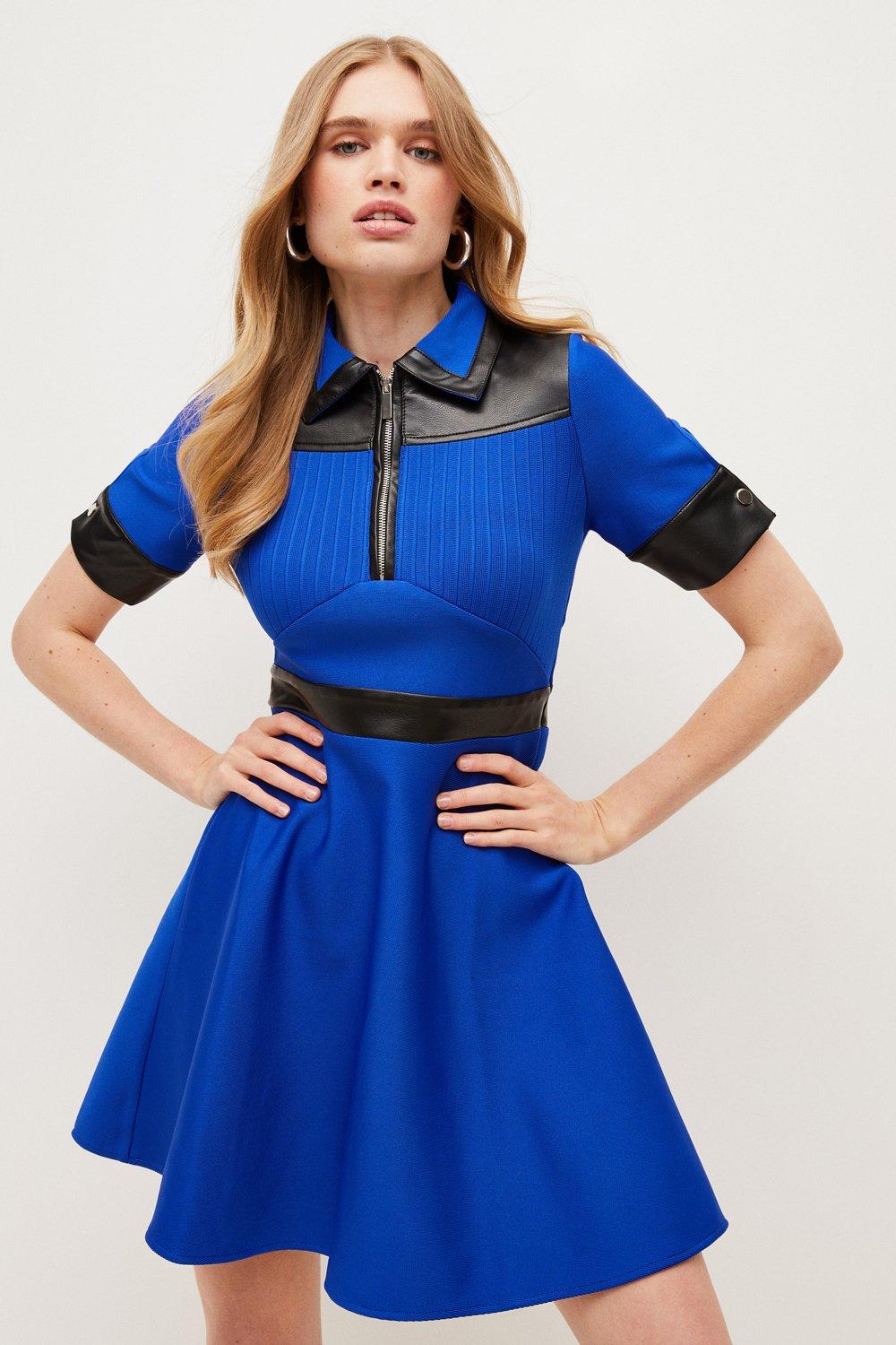 Pu Trim Bandage Knit Mini Dress - Blue