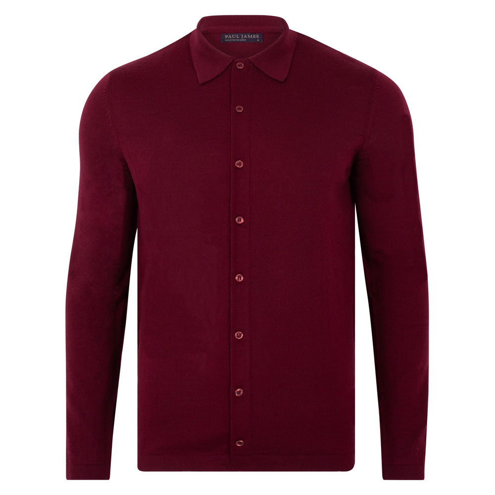 Red Mens Lightweight Extra Fine Merino Long Sleeve Aiden Shirt - Rioja Small Paul James Knitwear