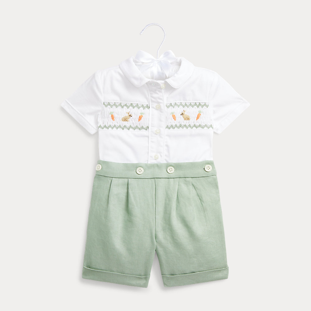 Smocked Cotton Shirt & Linen Short Set