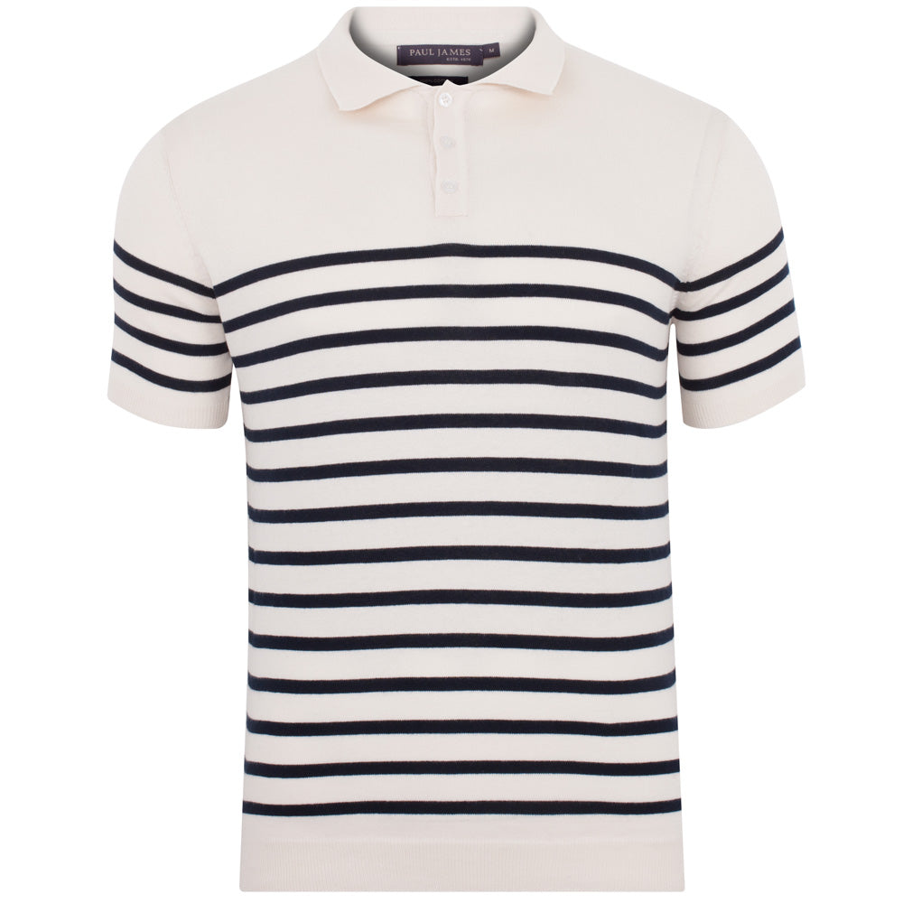 White / Blue Mens 100% Ultra Fine Cotton Breton Short Sleeve Polo Edward Shirt - Ecru Small Paul James Knitwear