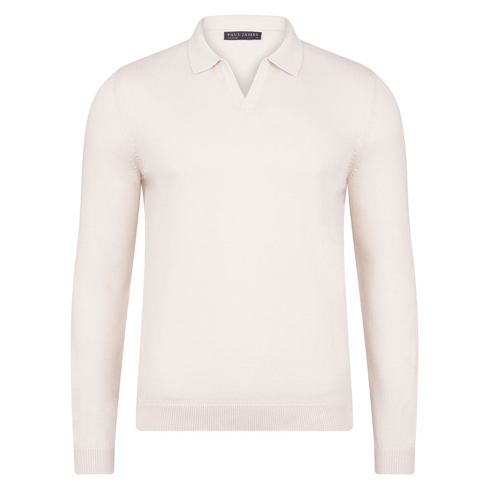 White Mens Cotton Lightweight Lyndon Buttonless Polo Shirt - Ecru Extra Small Paul James Knitwear