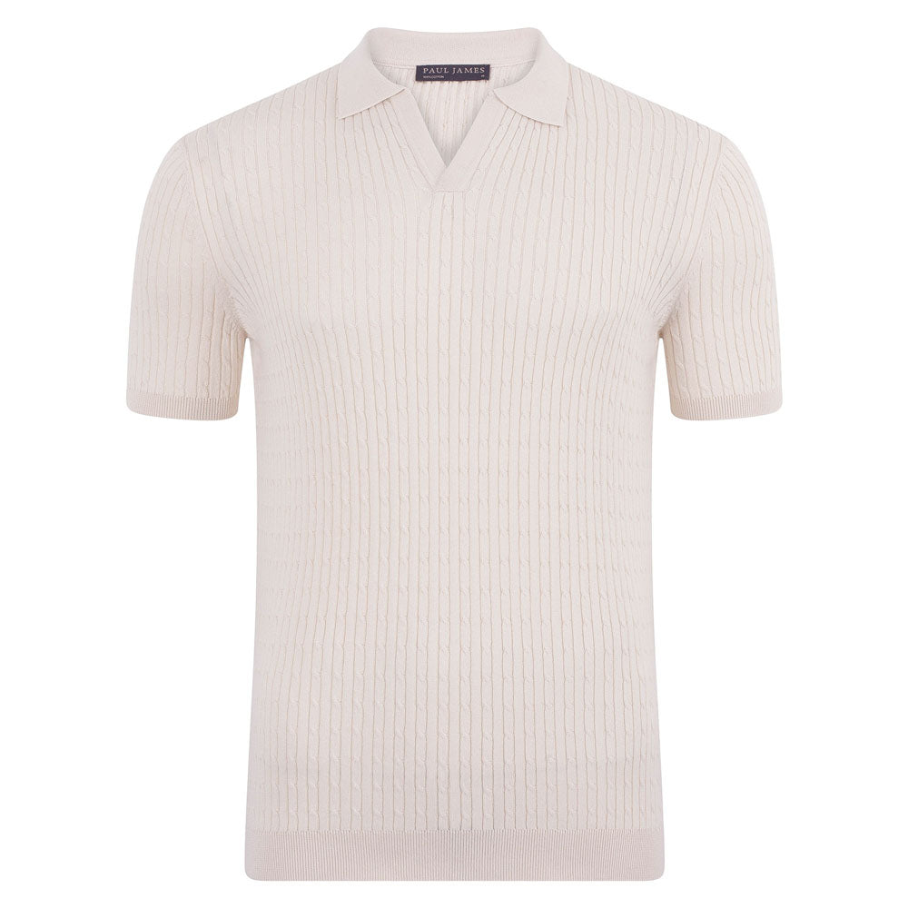 White Mens Lightweight Cotton Alessi Cable Buttonless Polo Shirt - Ecru Small Paul James Knitwear