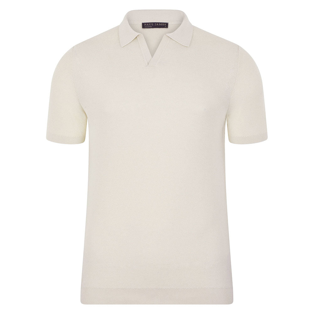 White Mens Lightweight Cotton Galileo Textured Buttonless Polo Shirt - Ecru Small Paul James Knitwear