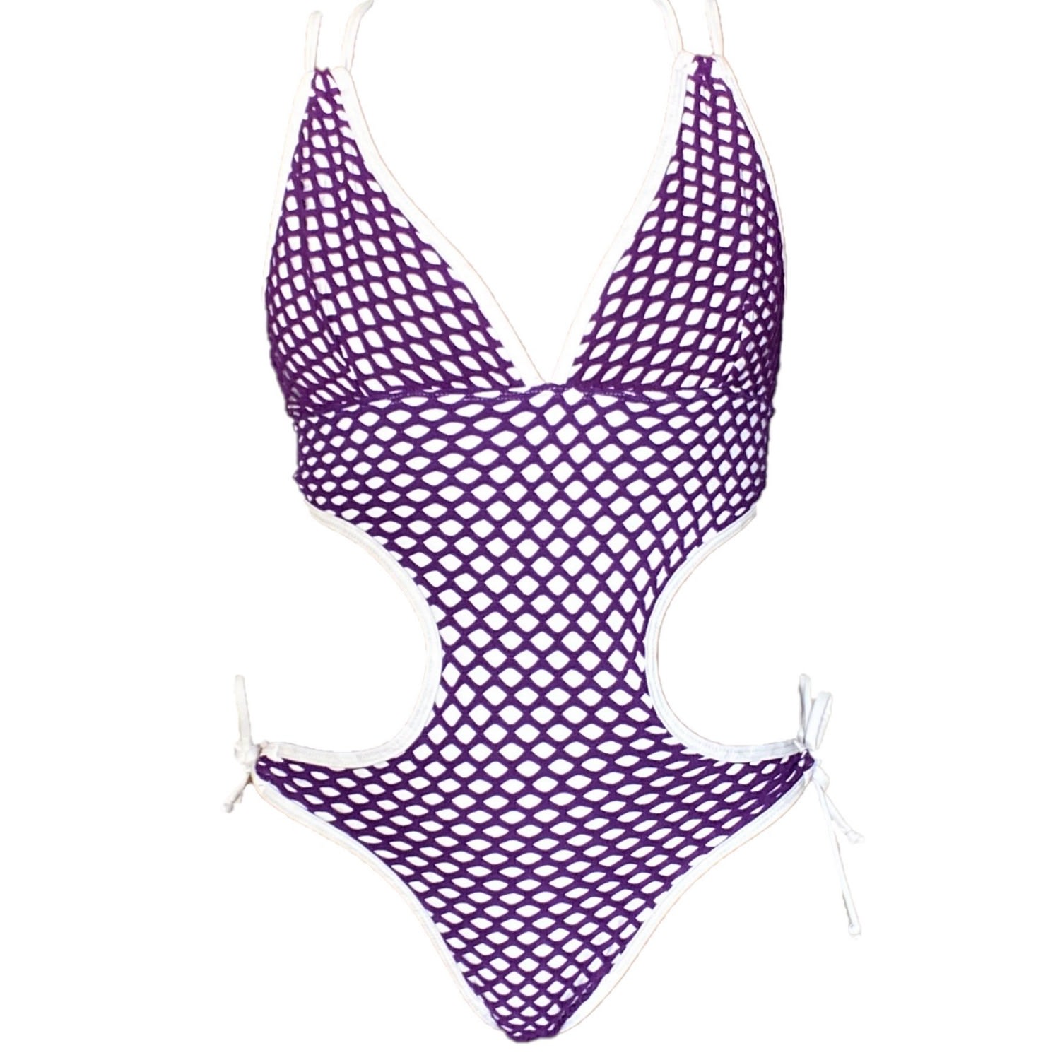 Women's Alvina Tie Side Monokini - White With Purple Fishnet Small Brasini Swimwear