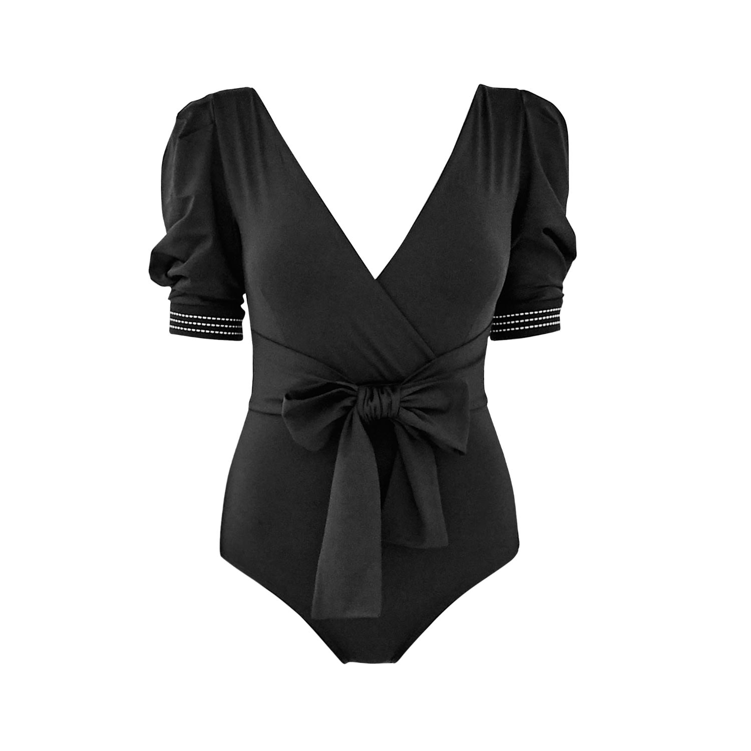 Women's Black Volume Puff Sleeves One Piece Swimwear - Black Extra Small QUA VINO