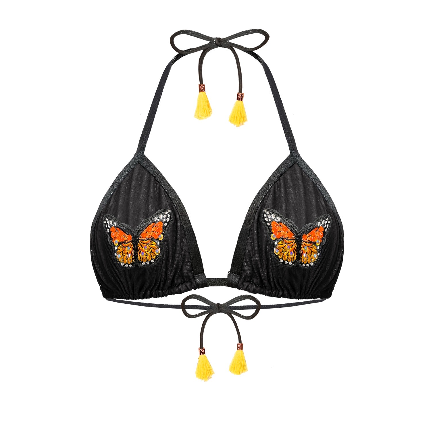 Women's Black / Yellow / Orange Orange Butterfly Crystal Sheer Black Mesh Bikini Top Maanu Small ELIN RITTER IBIZA