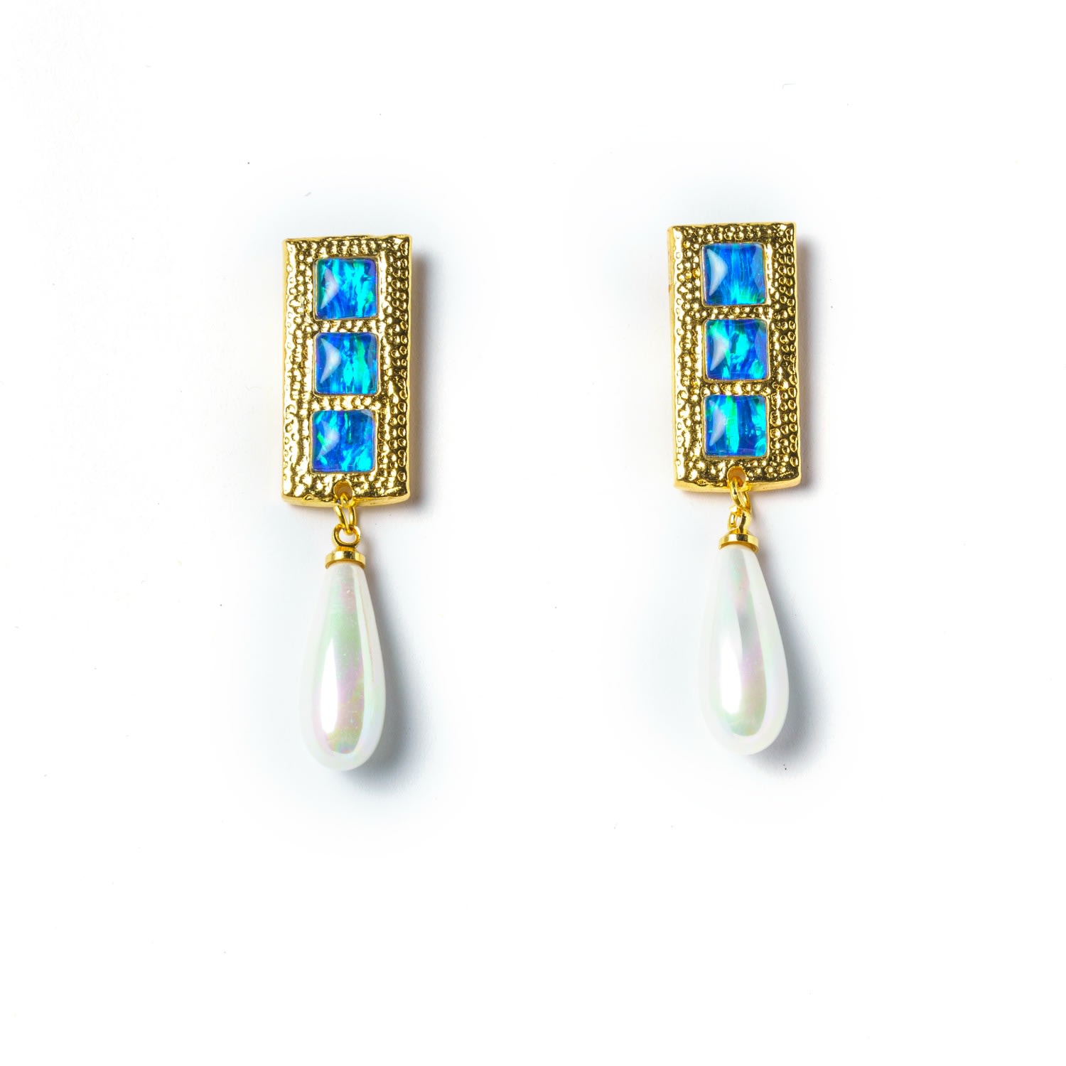 Women's Blue / Gold Sunseeker Gold Opal Statement Earrings With Teardrop Pearls In Blue EUNOIA Jewels