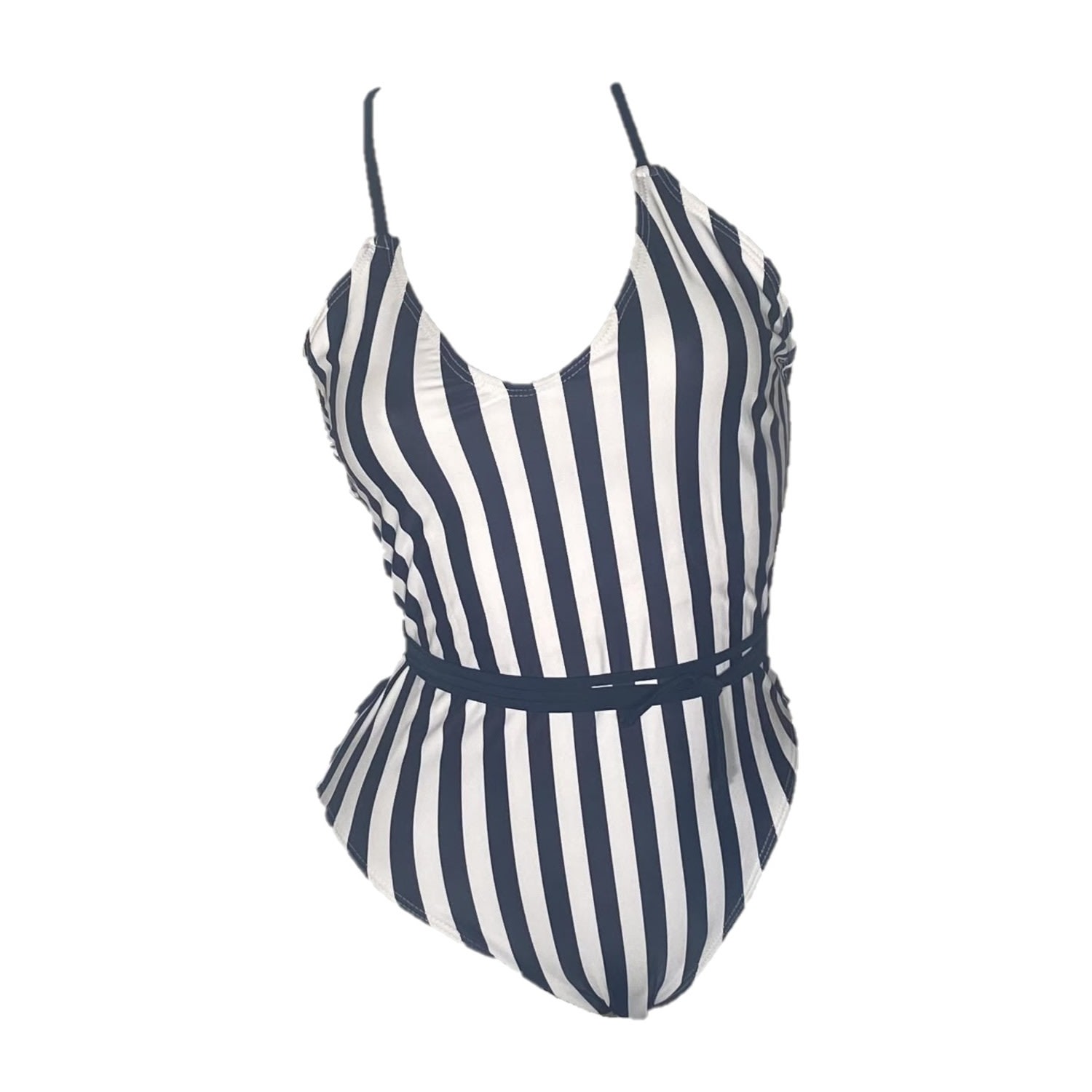 Women's Blue Strappy High Cut One Piece Swimsuit - Navy & White Stripes Medium Brasini Swimwear