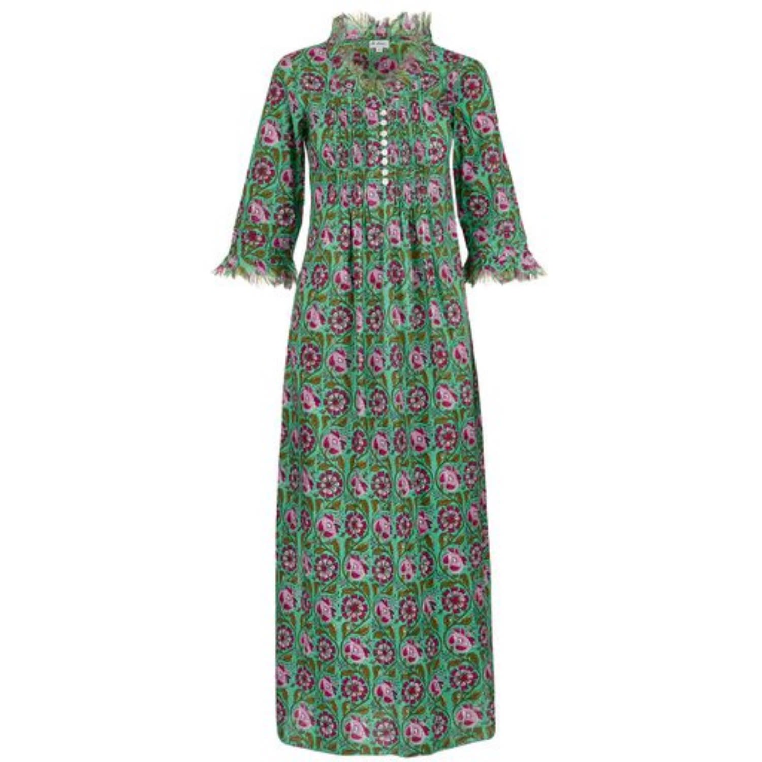 Women's Cotton Annabel Maxi Dress In Green & Pink Flower Extra Small At Last...