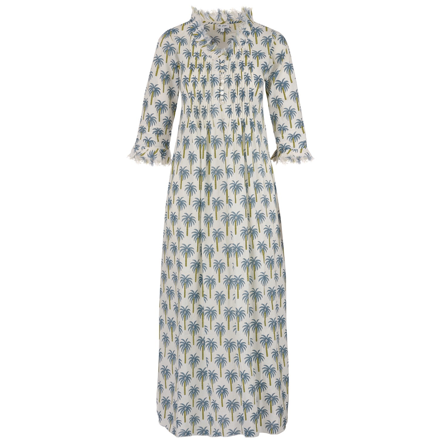 Women's Cotton Annabel Maxi Dress In White With Blue Palm Small At Last...