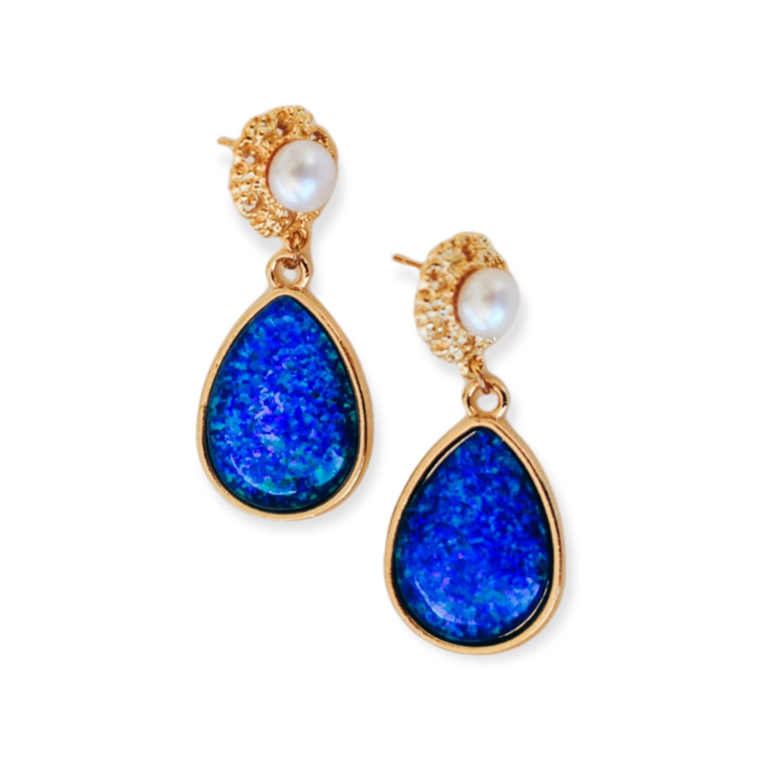 Women's Gold / Blue / White Eloquence Statement Freshwater Pearl & Teardrop Blue Opal Earrings EUNOIA Jewels