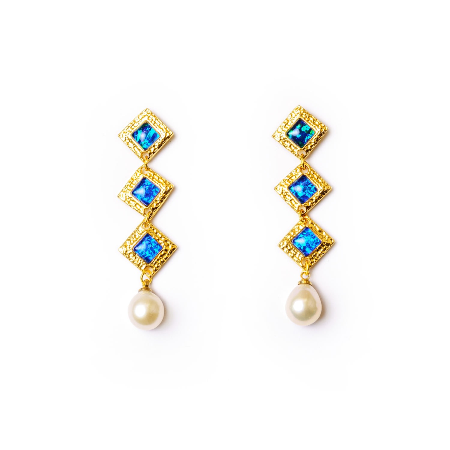 Women's Gold / Green / Blue Sahara Tiered Drop Opal Gold Earrings With Freshwater Pearl EUNOIA Jewels