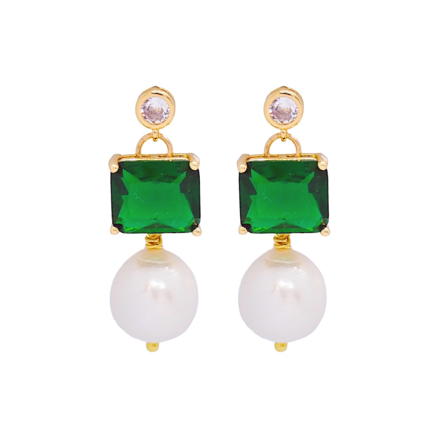 Women's Gold / Green Emerald Crystal Pearl Earrings 18K Gold VALERIE CHIC