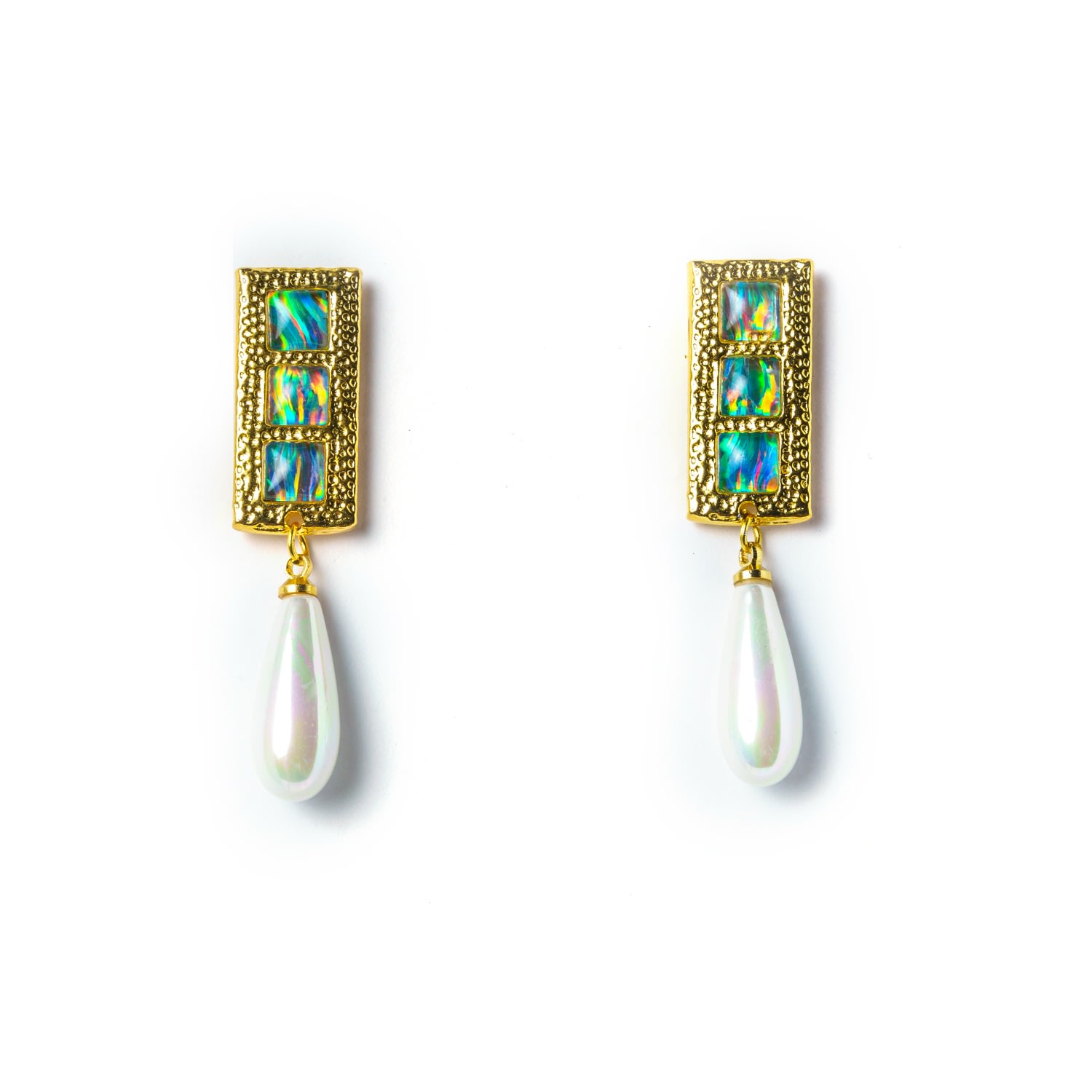 Women's Gold / Green / Pink Sunseeker Gold Opal Statement Earrings With Teardrop Pearls EUNOIA Jewels