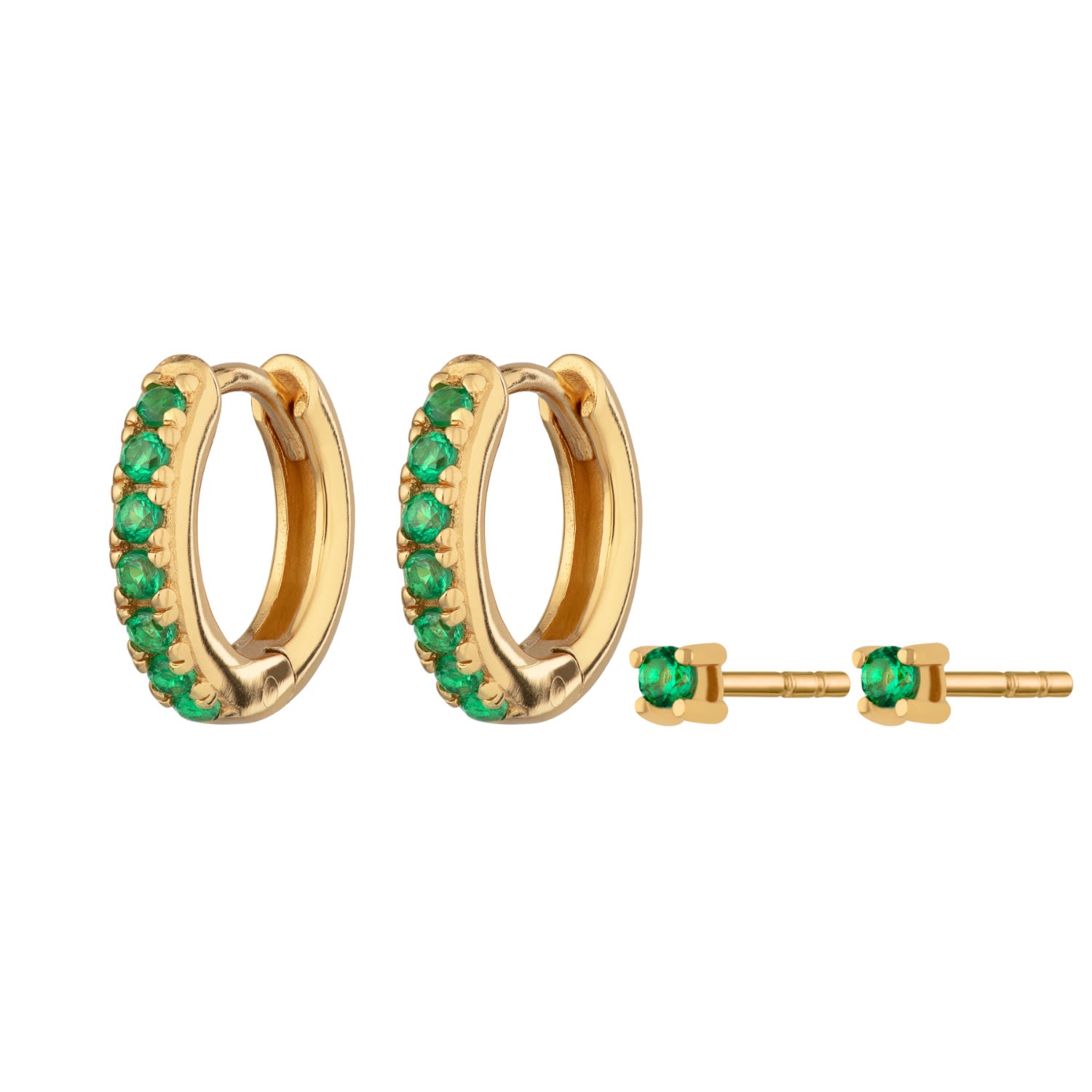 Women's Gold Green Stone Huggie And Tiny Stud Set Of Earrings Scream Pretty