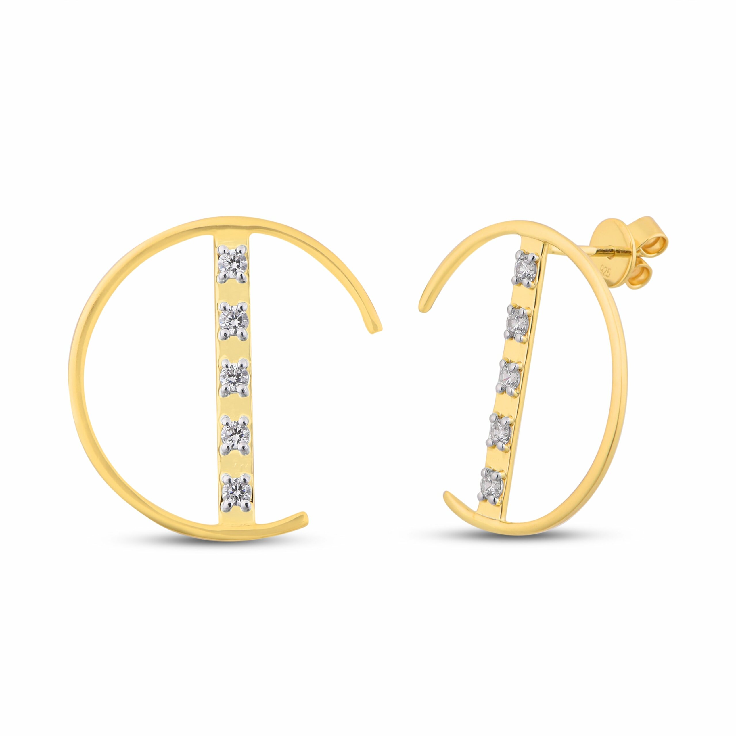 Women's Gold Half Circle Diamond Bar Stud Earrings Mansi Jewelry