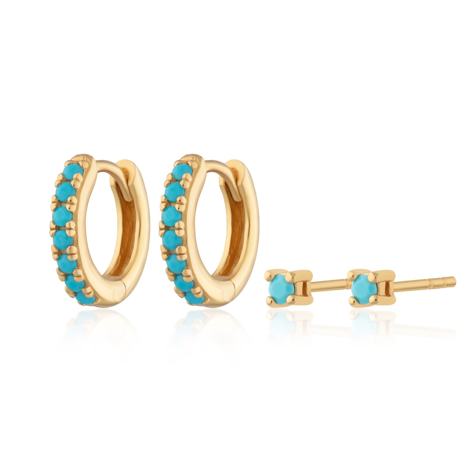 Women's Gold Turquoise Stone Huggie & Tiny Stud Set Of Earrings Scream Pretty