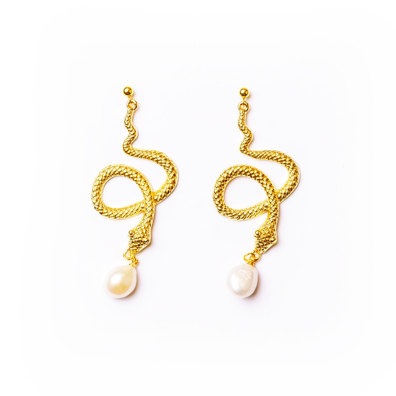 Women's Gold / White Desert Storm Gold Snake Earrings With Freshwater Pearls EUNOIA Jewels