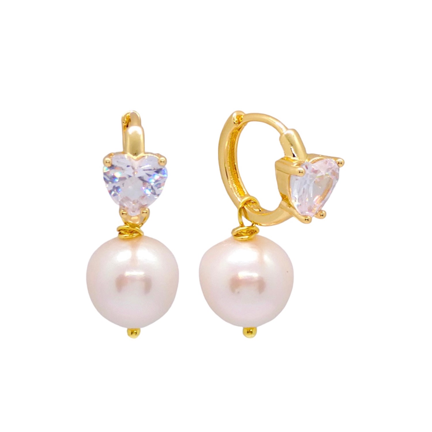 Women's Gold / White Heart Crystal Baroque Pearl Hoop Earrings 18K Gold VALERIE CHIC