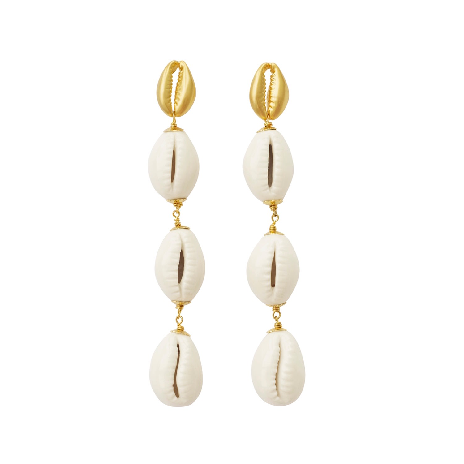 Women's Gold / White Porcelain Cowrie Shell Linear Earrings POPORCELAIN