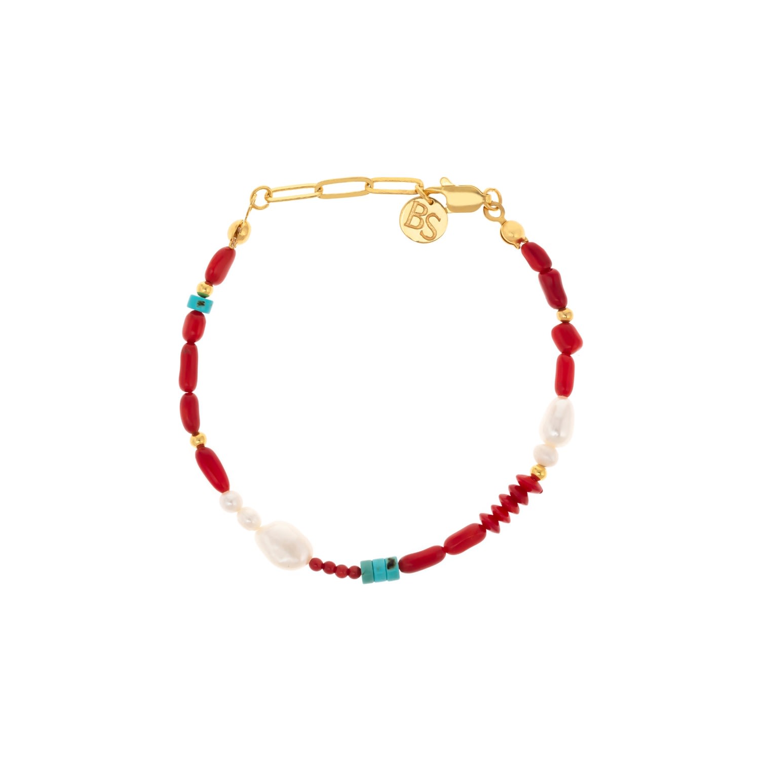 Women's Gold / White / Red Levi Natural Pearl Coral & Turquoise Bracelet Bonjouk Studio