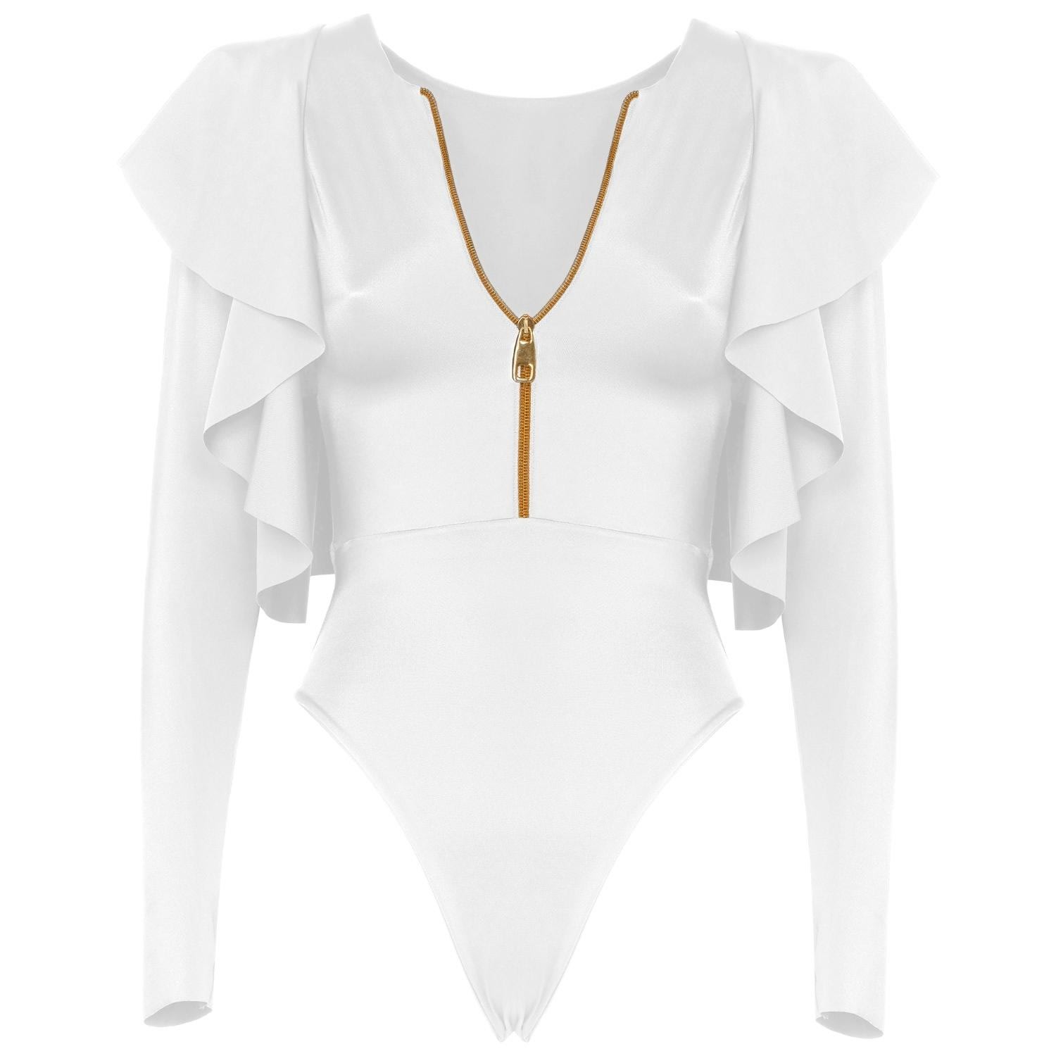 Women's Gossammer One-Piece Swimwear With Long Sleeves And Ruffles In White Small ANTONINIAS