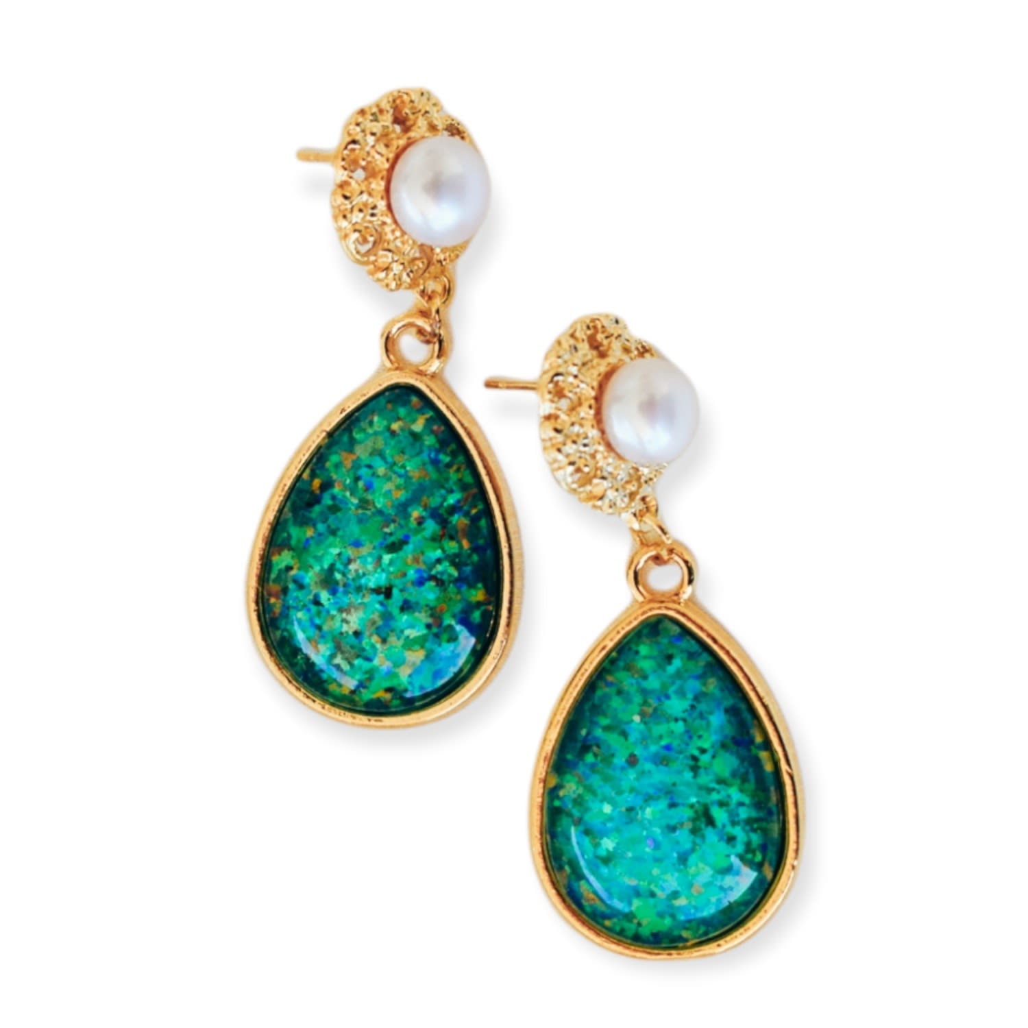 Women's Green / Gold / White Eloquence Statement Freshwater Pearl & Teardrop Opal Earrings - Blue, Gold, Green, White EUNOIA Jewels