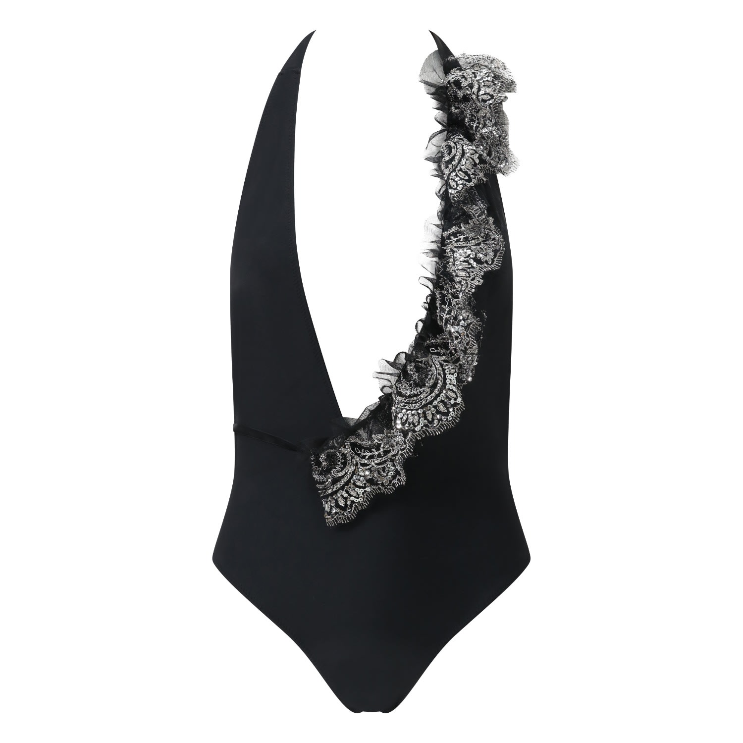 Women's New Aprés Sun Collection Black Halterneck Swimsuit With Detachable Polka Dot Ruffle And Silver Sequin Lace Ruffle Extra Small Belle-et-BonBon