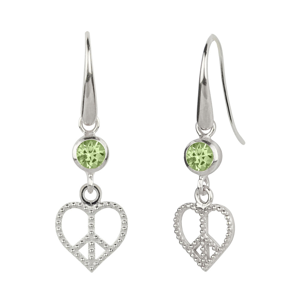 Women's Peace Heart Drop Silver Earrings - Peridot Charlotte's Web Jewellery