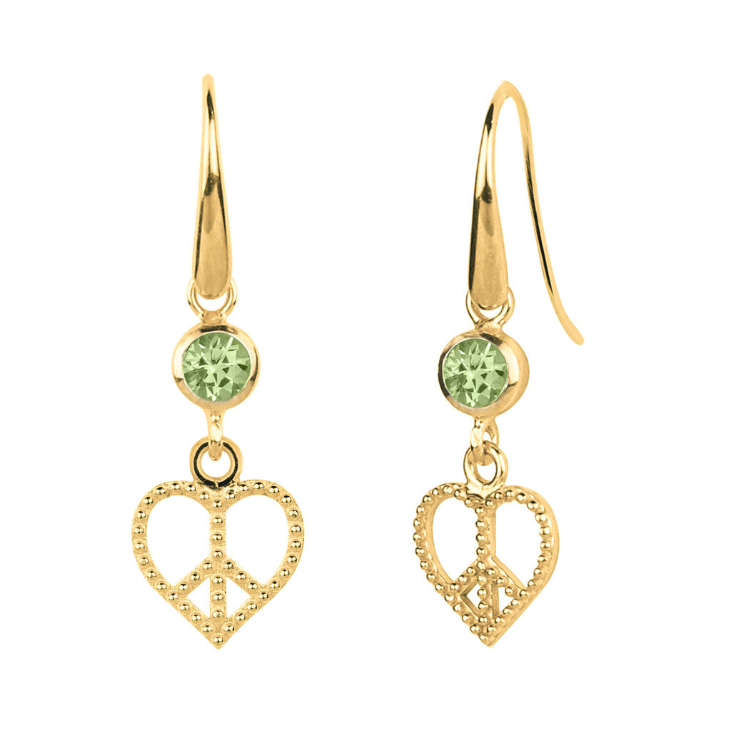 Women's Peace Heart Gold Drop Earrings - Peridot Charlotte's Web Jewellery