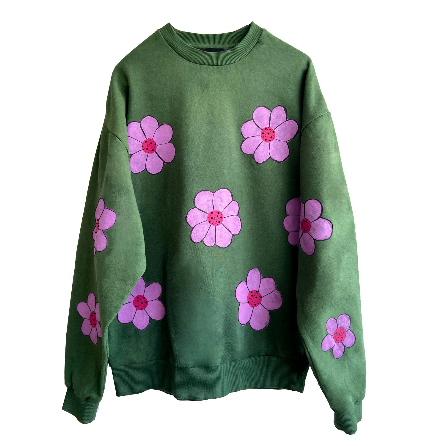 Women's Pink / Purple / Green Green Hand Painted Floral Sweatshirt Small Quillattire
