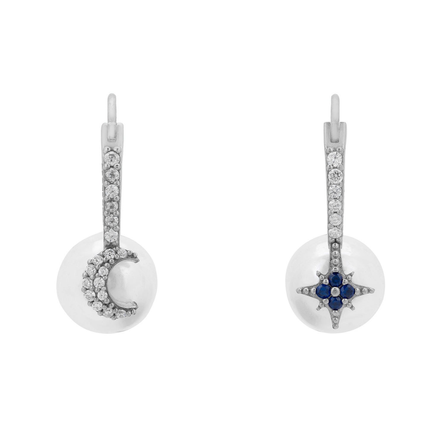 Women's Silver / Blue / White Pearl Moon & Star Earrings Silver LATELITA