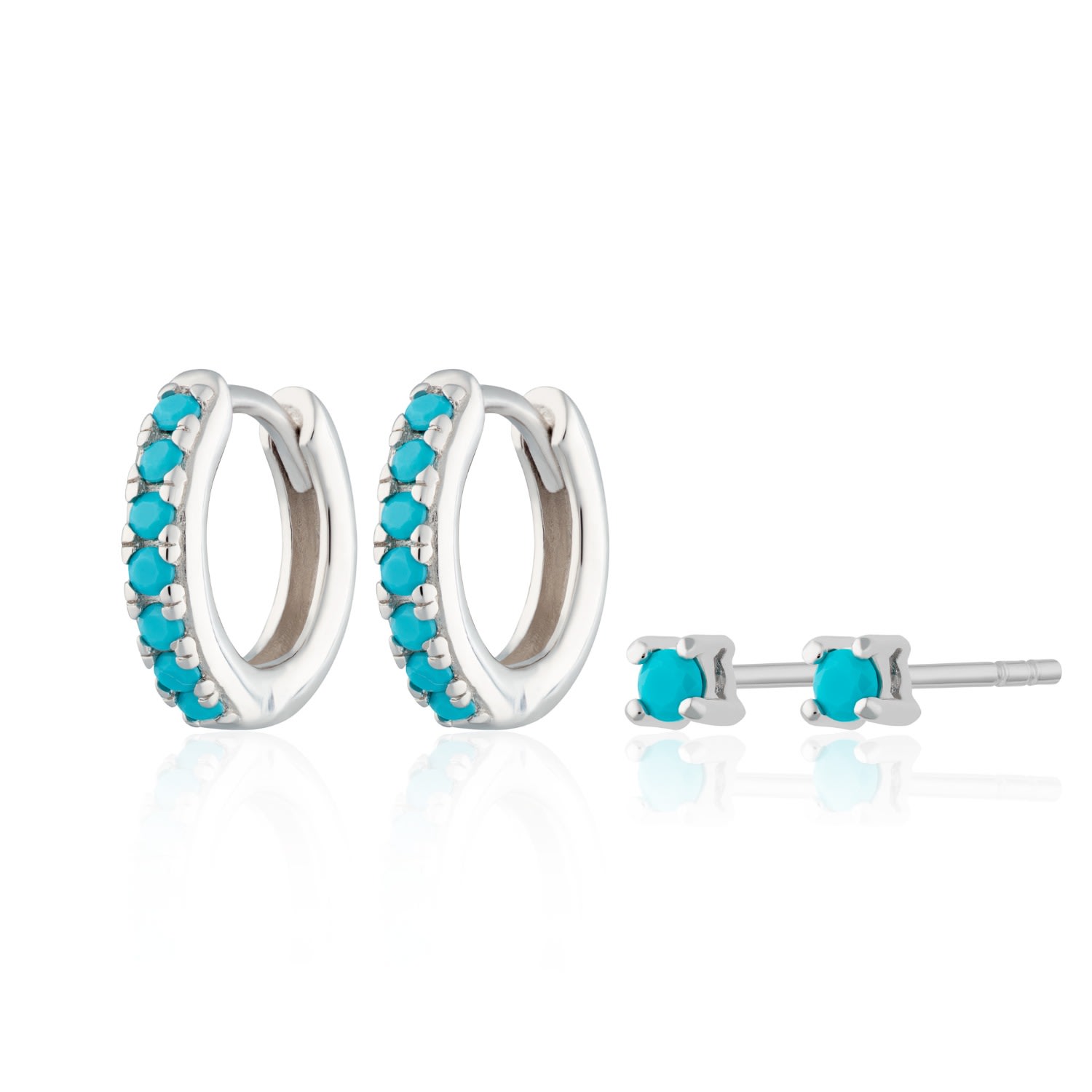 Women's Silver Turquoise Stone Huggie & Tiny Stud Set Of Earrings Scream Pretty