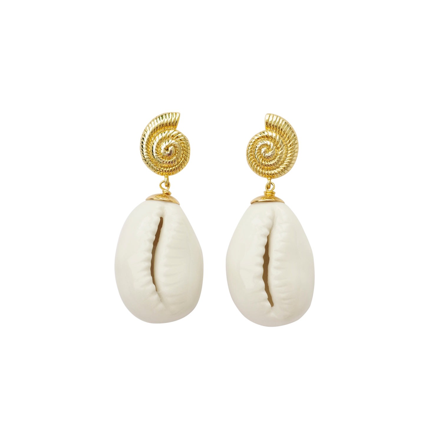 Women's White / Gold Porcelain Cowrie Shell Teardrop Earrings POPORCELAIN