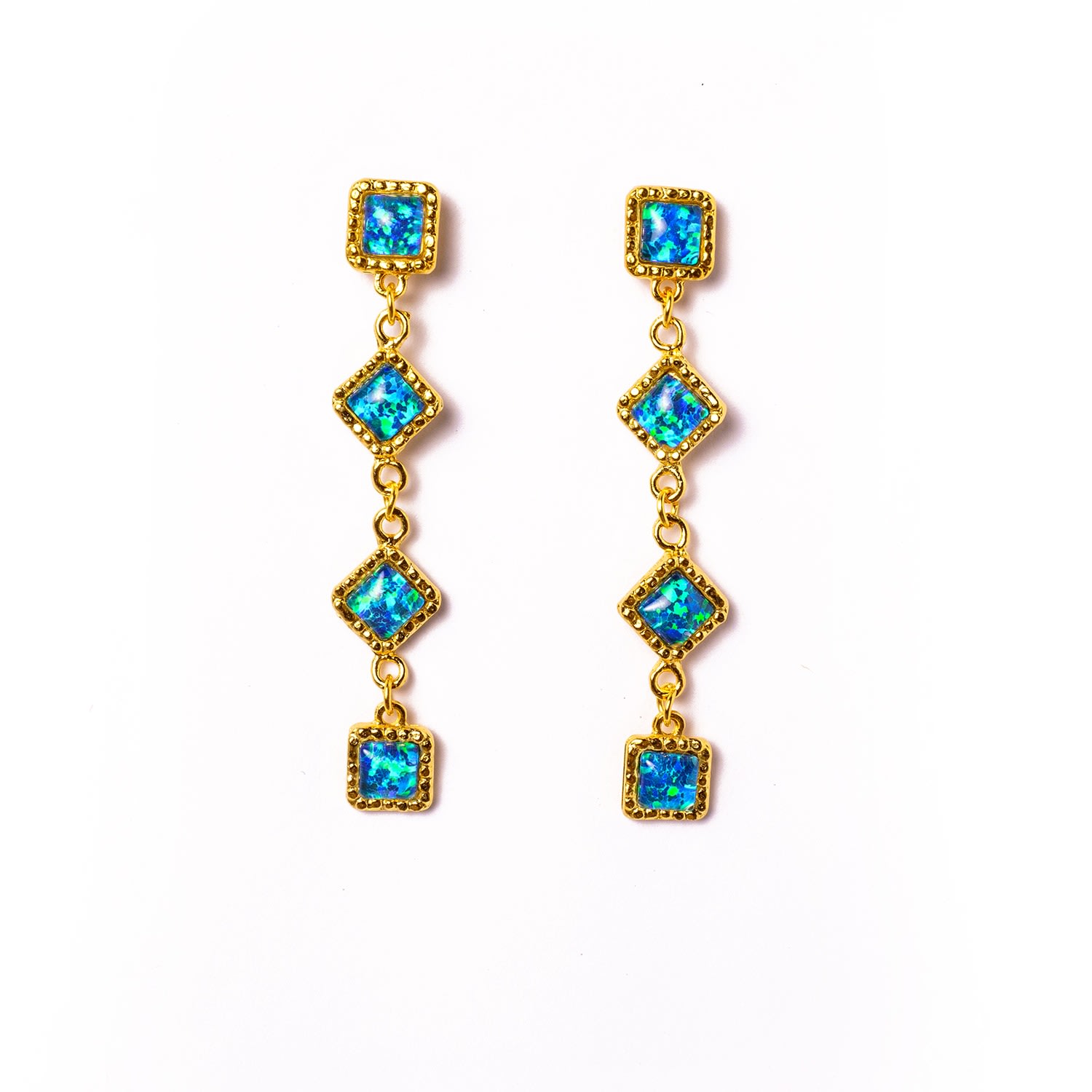 Women's Wonder Four Tier Dainty Opal Square Gold Dangle Earrings - Blue EUNOIA Jewels