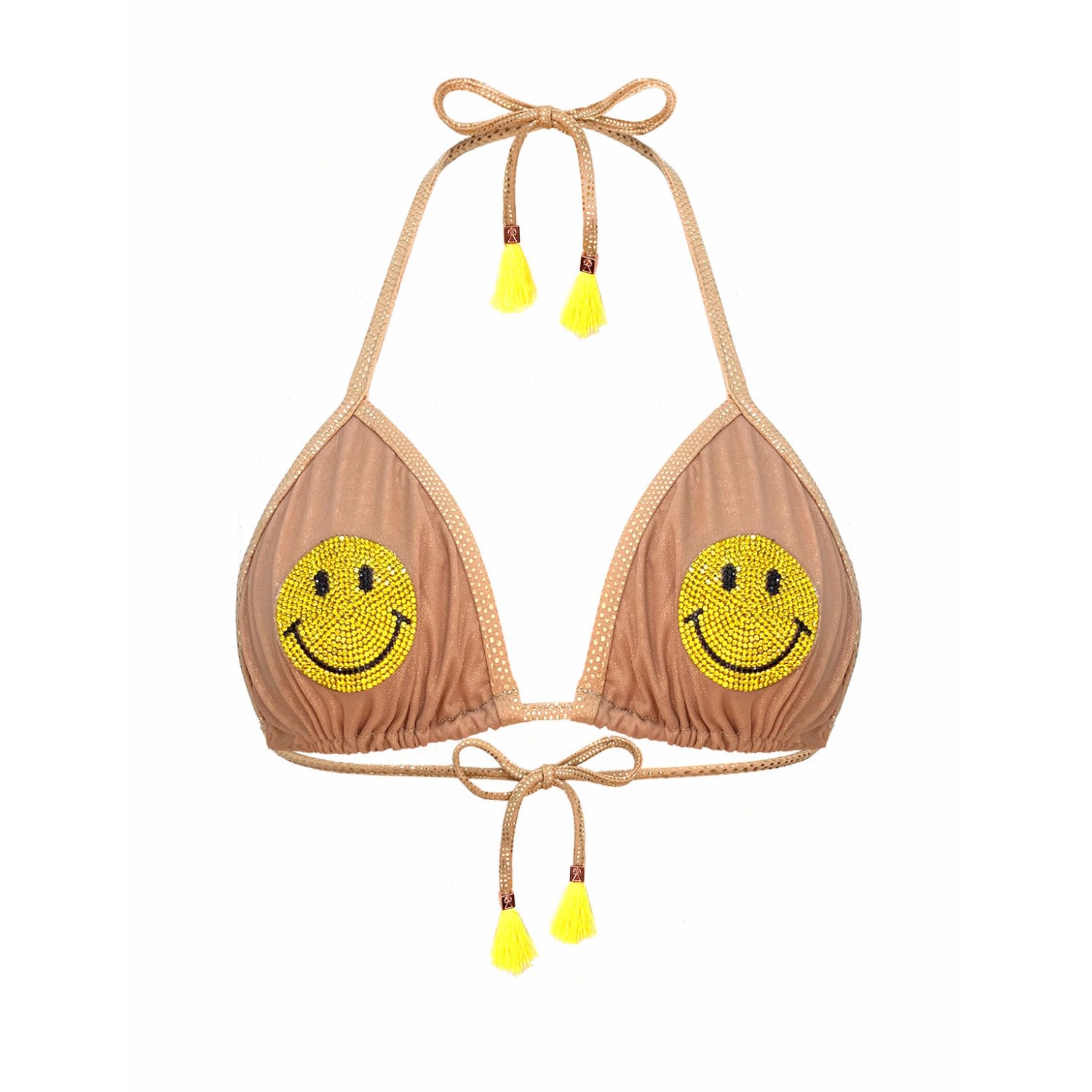 Women's Yellow / Orange / Gold Smiley Face Crystal Sheer Gold Mesh Bikini Top Maanu Small ELIN RITTER IBIZA