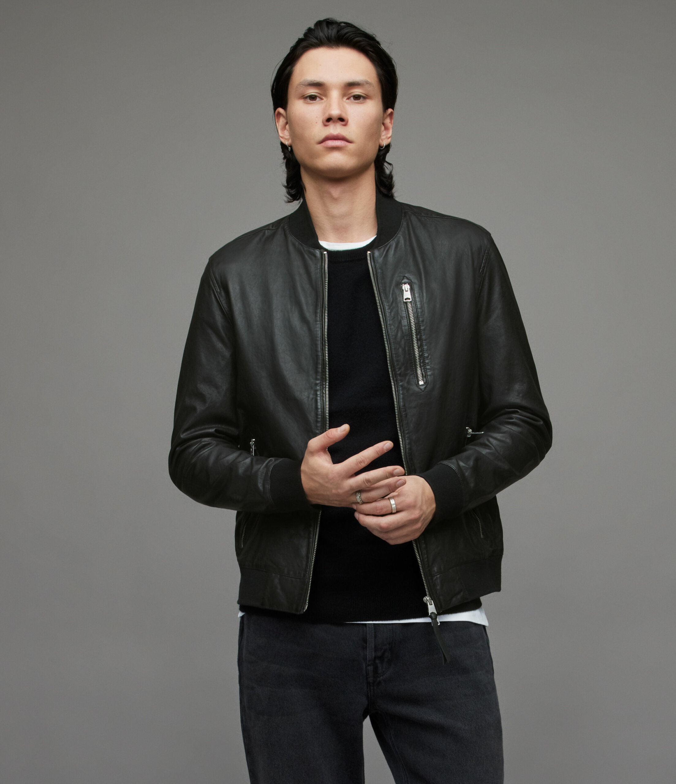 AllSaints Leather Regular Fit Boyton Bomber Jacket, Black, Men's, Size: XS