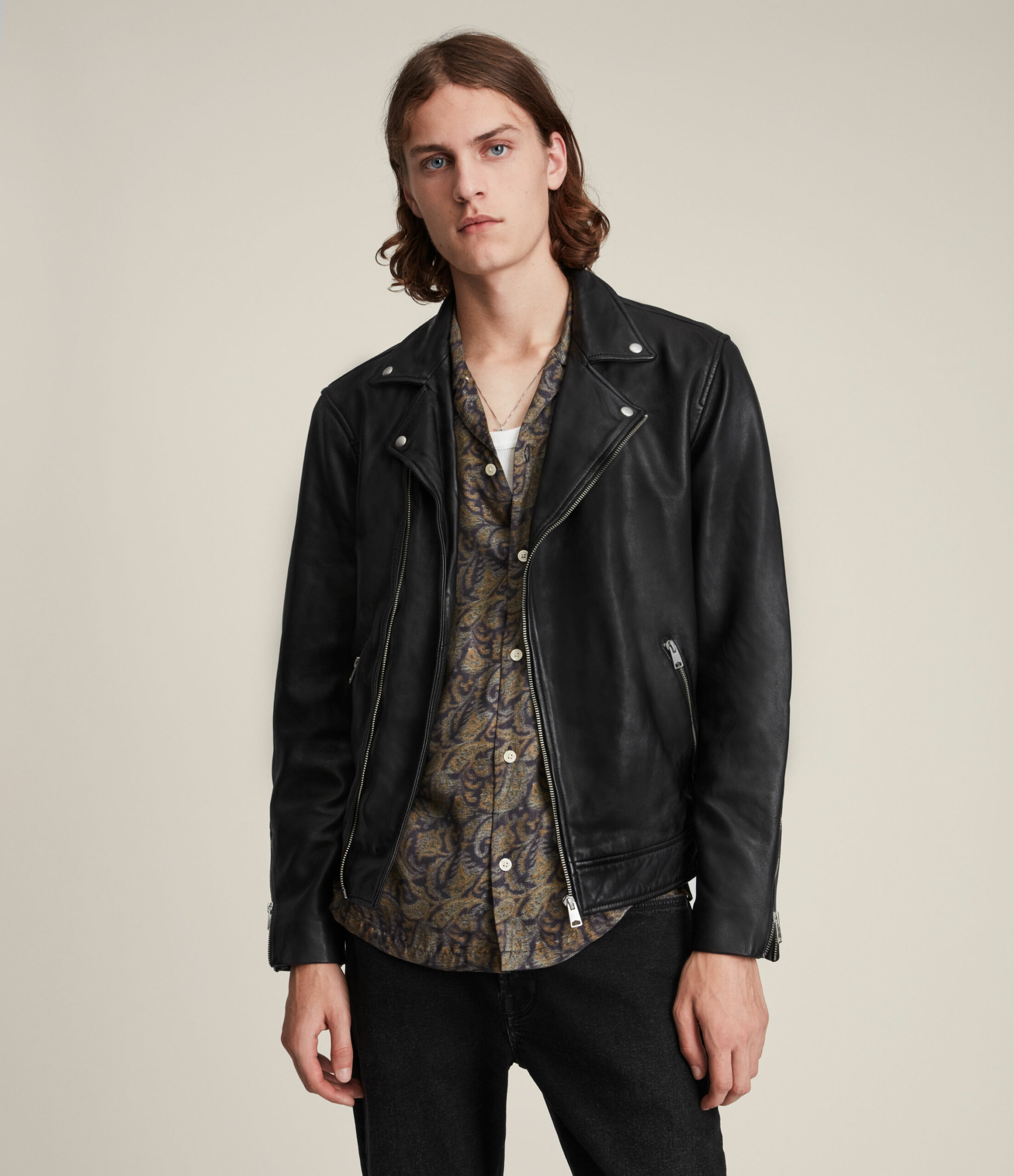 AllSaints Men's Leather Regular Fit Tyson Biker Jacket, Black, Size: XS