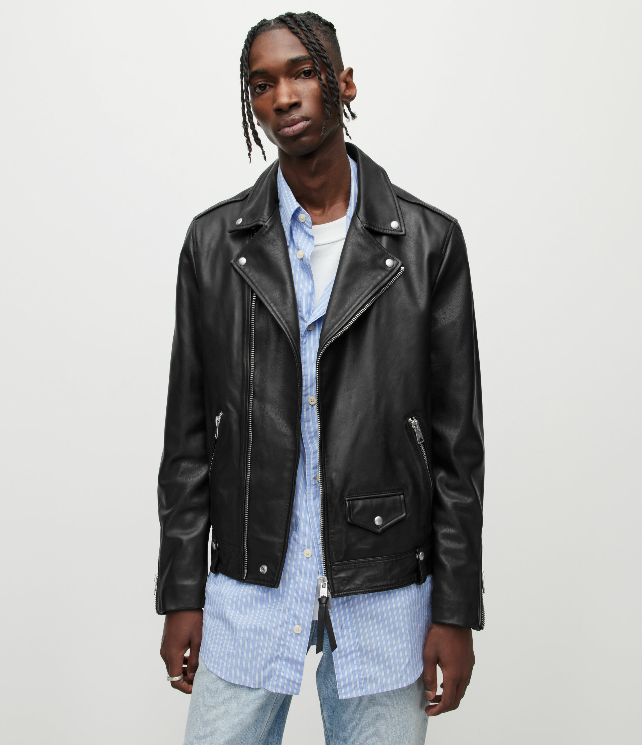 AllSaints Men's Leather Slim Fit Milo Biker Jacket, Black, Size: S