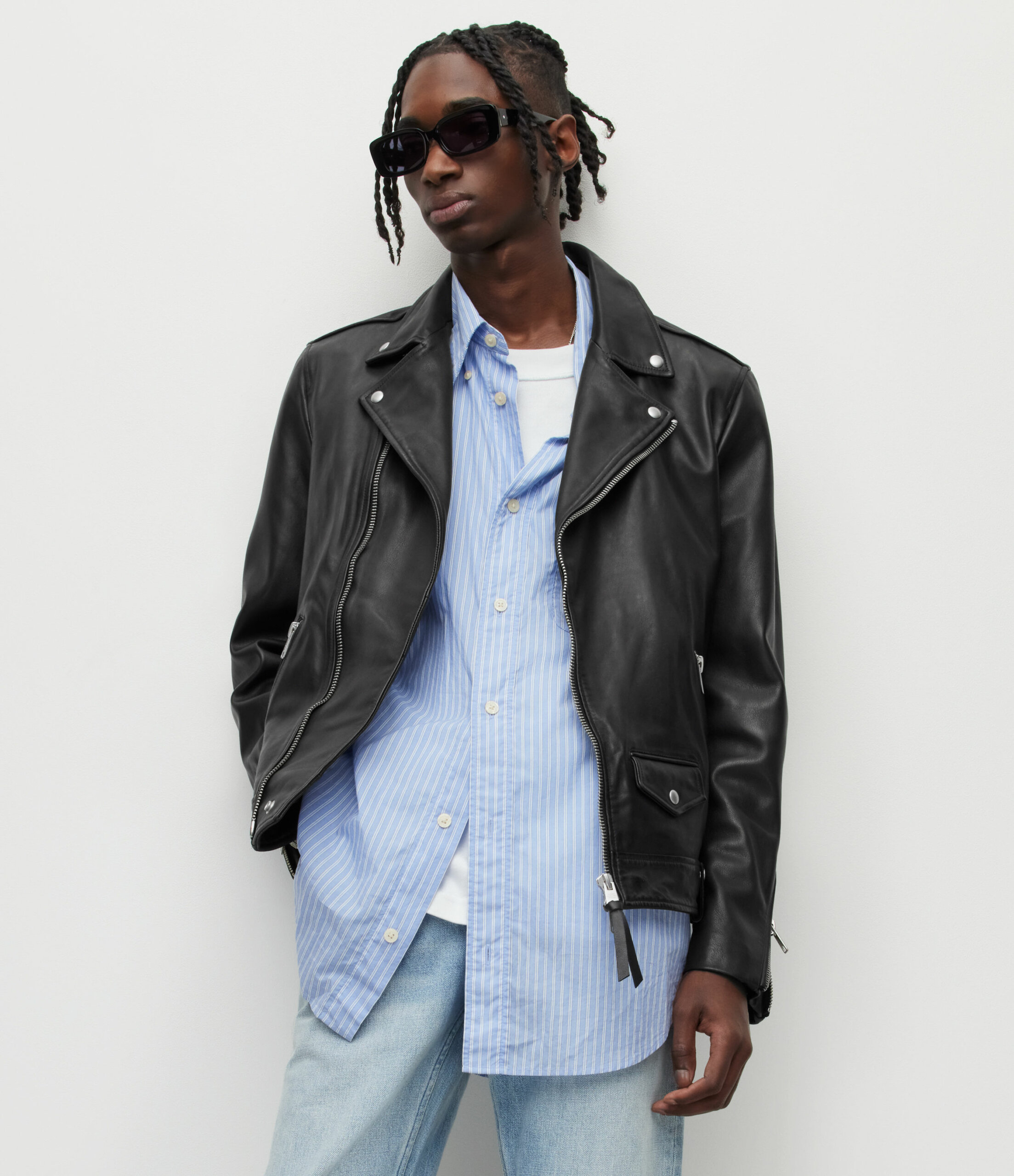 AllSaints Men's Leather Slim Fit Soft Milo Long Sleeve Biker Jacket with Zip Pockets, Black, Size: XS