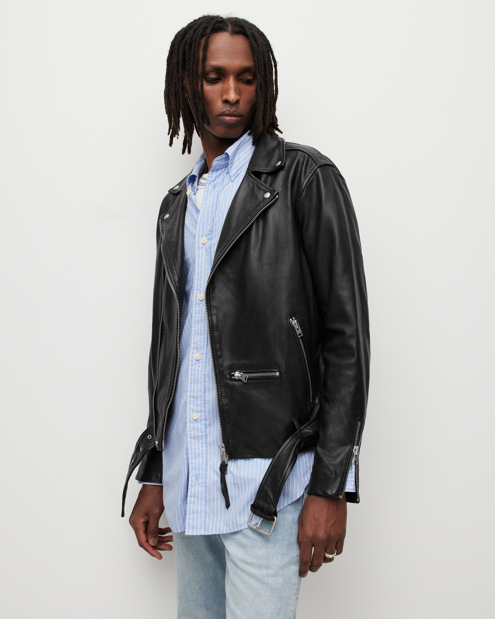 AllSaints Men's Leather Slim Fit Wick Biker Jacket, Black, Size: L
