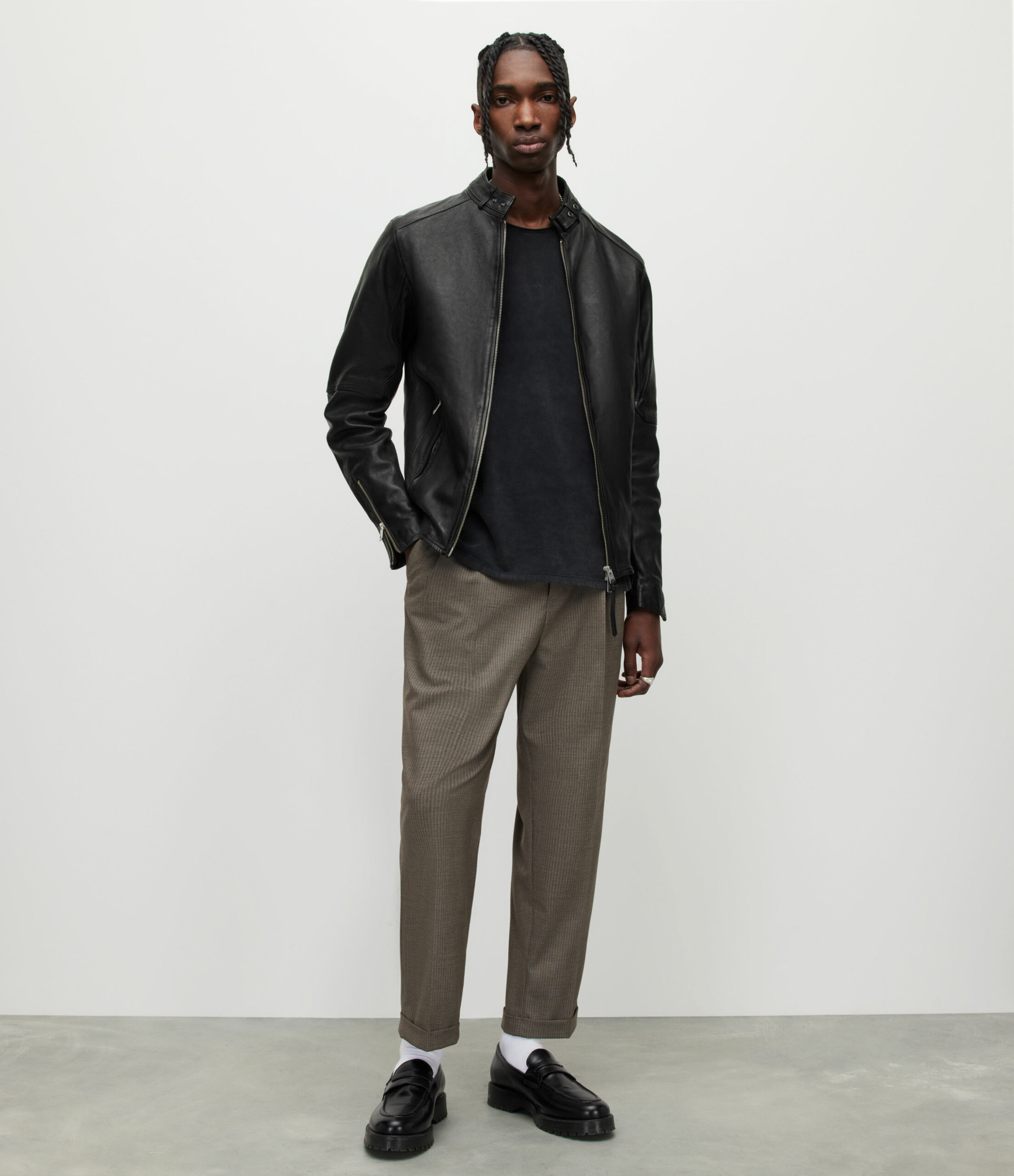 AllSaints Men's Leather Traditional Cotton Cora Jacket, Black, Size: XL