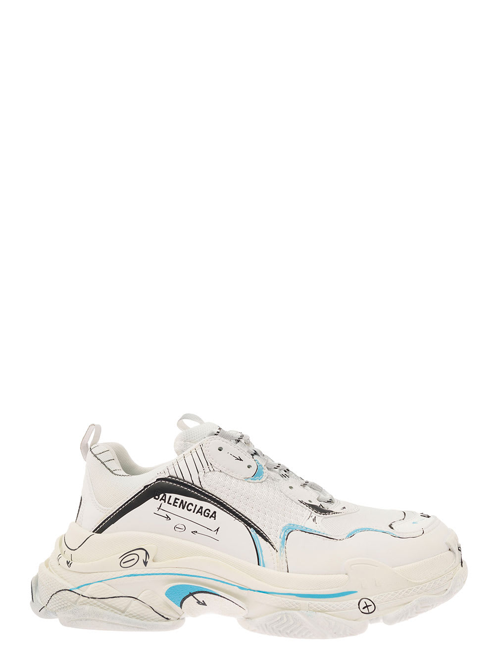 Balenciaga Triple S White Low Top Sneakers With Contrasting Sketch Print In Mix Of Tech Materials Man