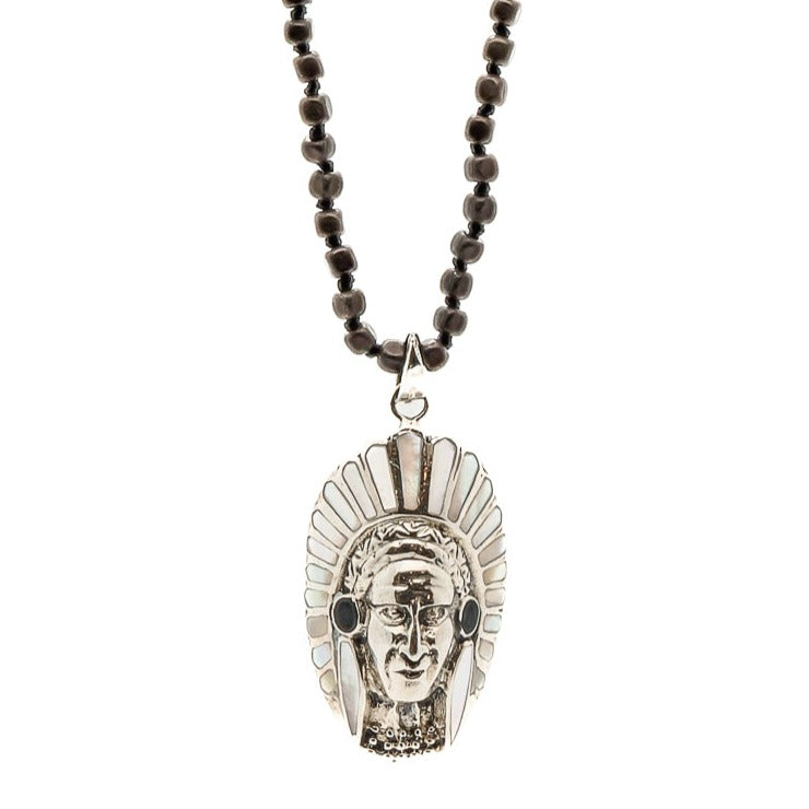 Men's Black / Silver Indian Chief Head Necklace Ebru Jewelry