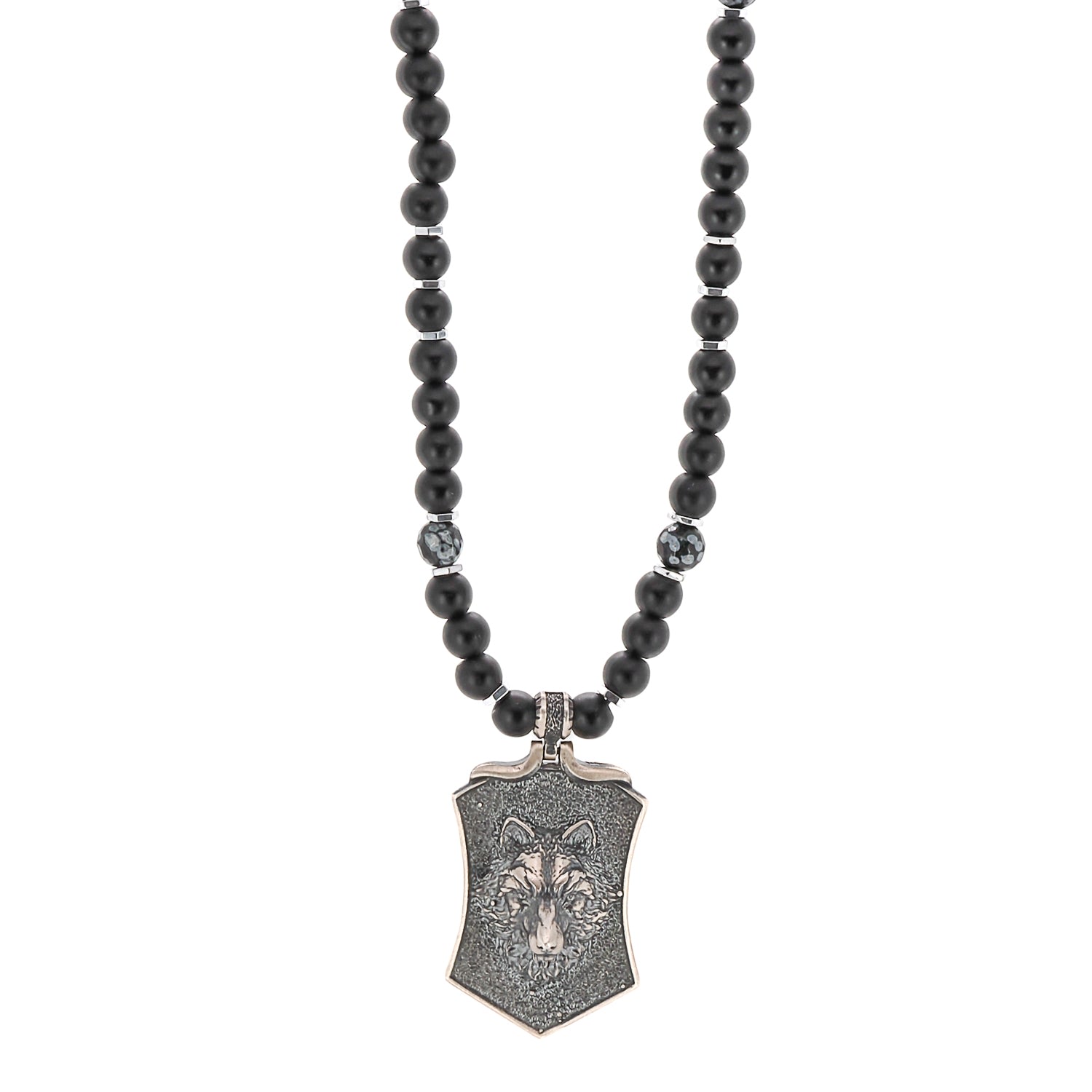 Men's Black / Silver Spirit Onyx Wolf Necklace Ebru Jewelry