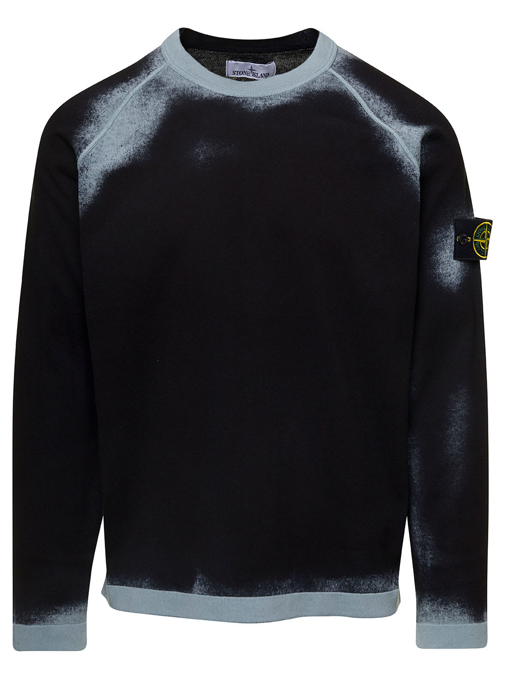 Stone Island Black Crewneck Sweatshirt With Logo Patch And Fade Effect In Cotton Man