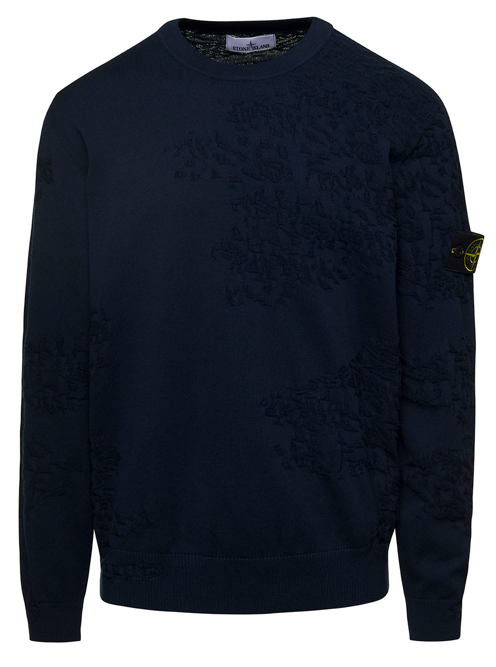 Stone Island Blue Jacquard Crewneck Sweatshirt With Logo Patch On The Sleeve In Cotton Man