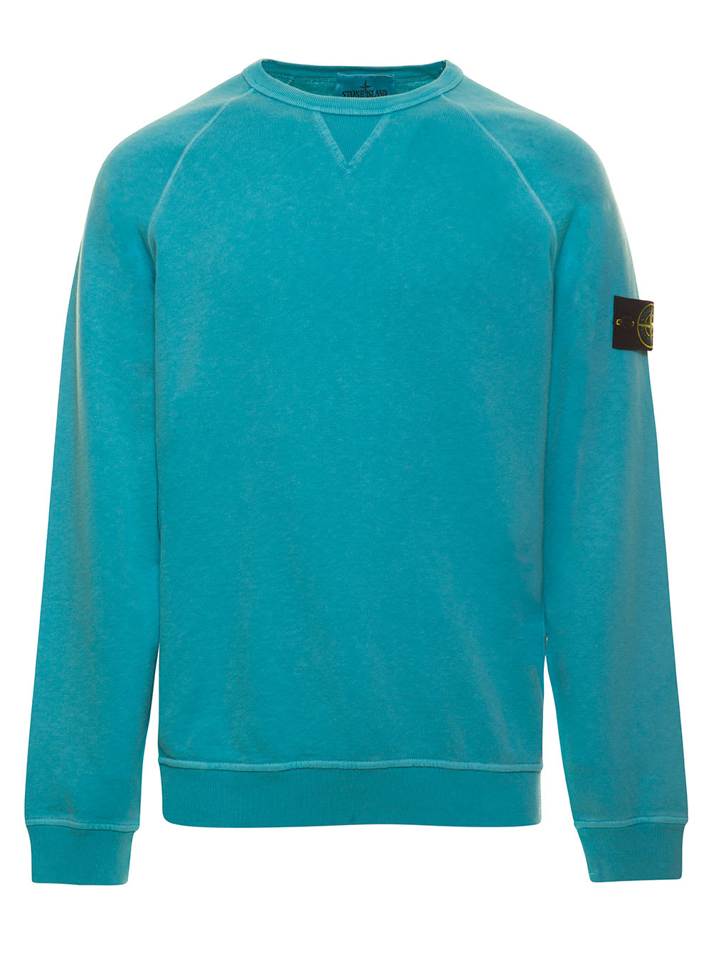 Stone Island Light Blue Crewneck Sweatshirt With Logo Patch In Cotton Man